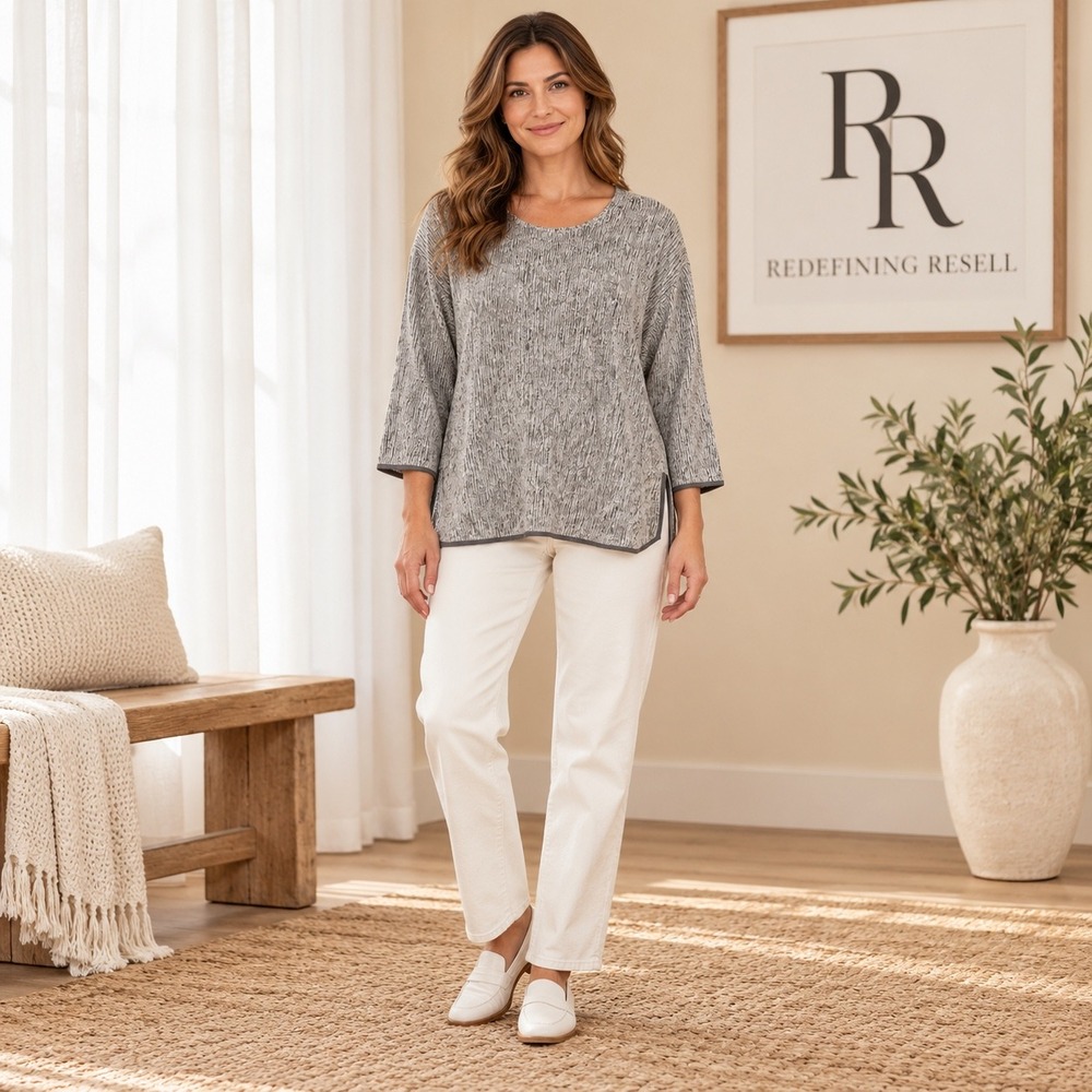 Pure Jill J. Jill Grey Marled Textured Knit Scoop Neck Top 3/4 Sleeve Medium